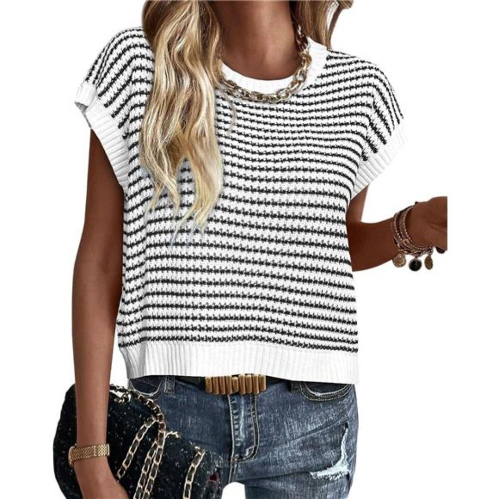 womens striped short sleeve knit sweater vest cap sleeve round neck top